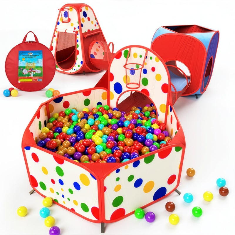 Playz 5-Piece Kids Play Tents Crawl Tunnels and Ball Pit Popup Bounce Playhouse Tent with Basketball Hoop for Indoor and Outdoor Use with Red Carrying Case - Image 1